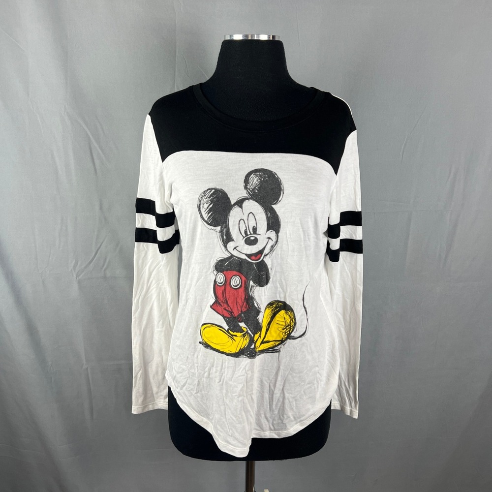 Disney T Shirt Womens Large White Black Mickey Mouse Graphic Print Curved Hem